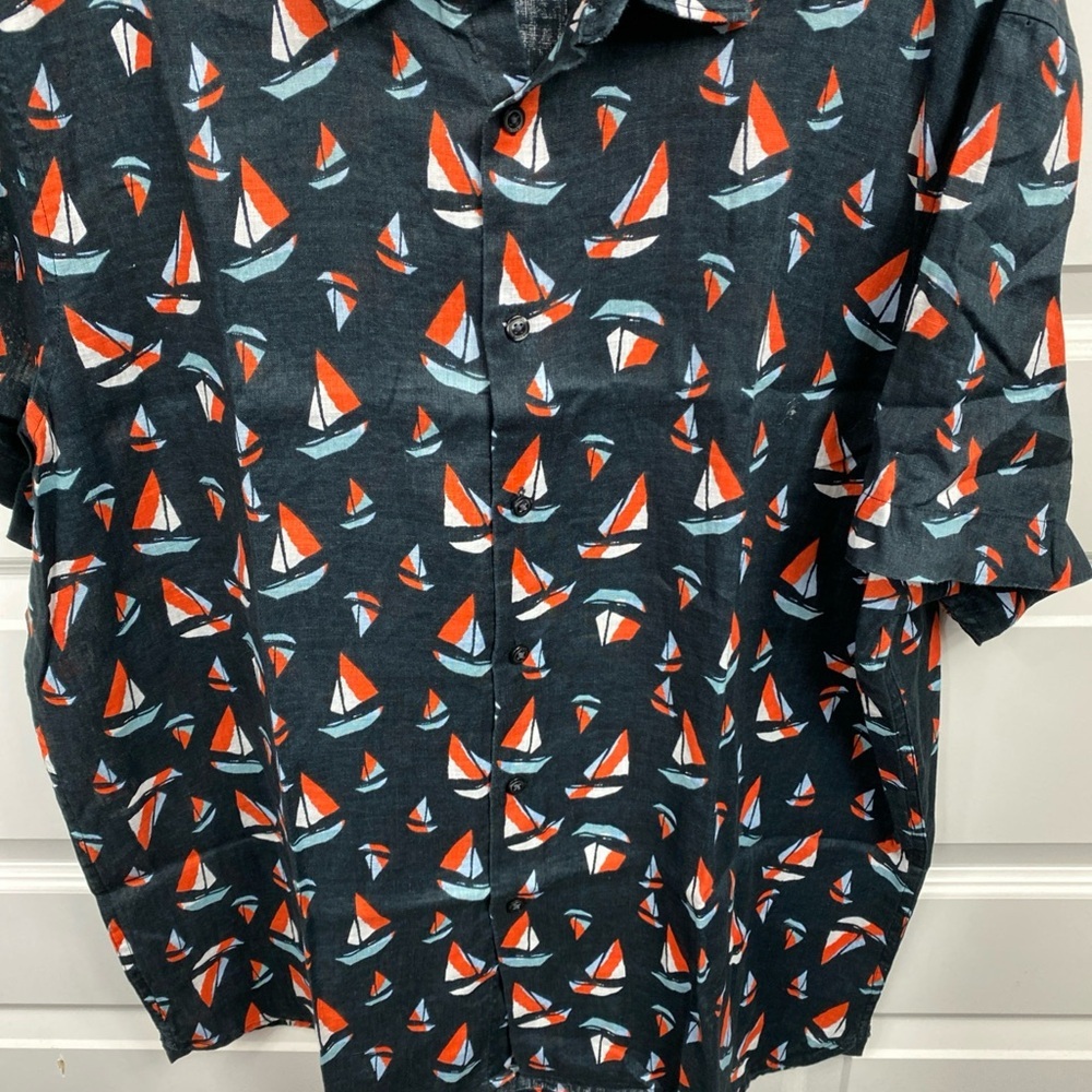 Perry Ellis 100% Linen Button Up Shirt All Over Print Sail Boats Nautical XXL - Picture 6 of 7